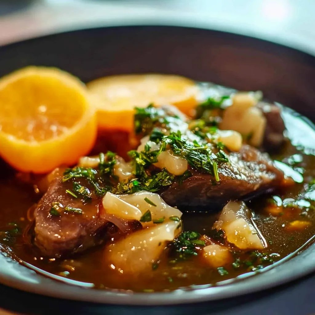 Rehgulasch mit Semmelknödel und Birne